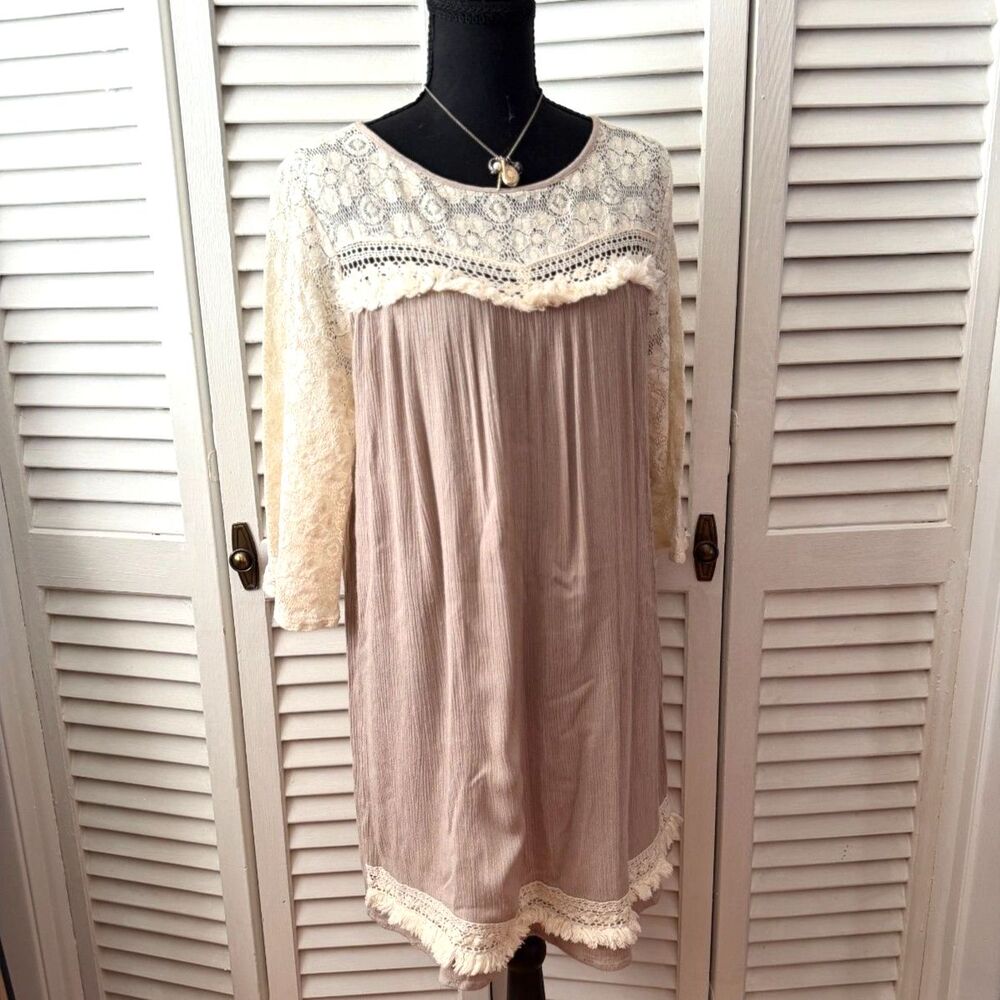 Umgee Cream Lace and Taupe Mini Dress Tunic Bell Sleeves Sz M Boho Fairy Hippie